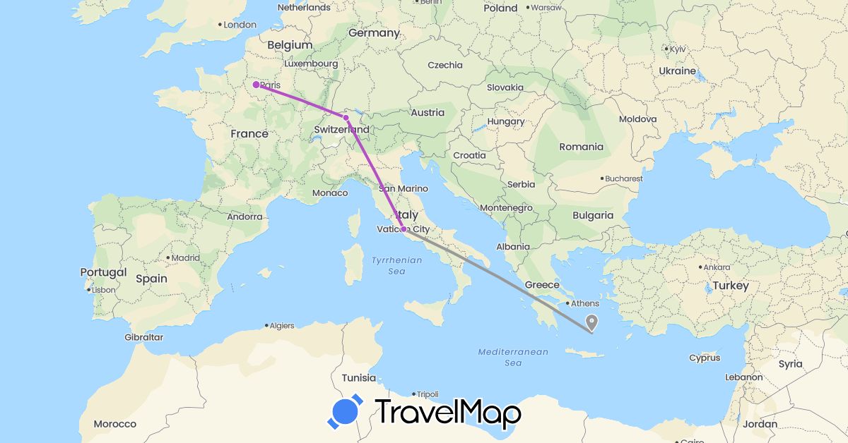 TravelMap itinerary: driving, plane, train in Switzerland, France, Greece, Italy (Europe)